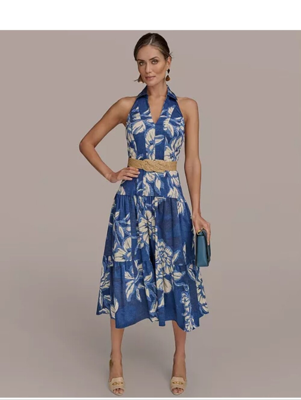 NWT Donna Karan New York 18W Blue Floral Tiered Halter Maxi Dress $209 No Belt